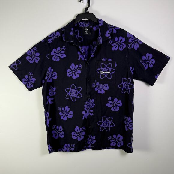 Rip Curl  Mens purple black floral Button Up Short Sleeve Hawaiian Beach size L - Picture 1 of 6